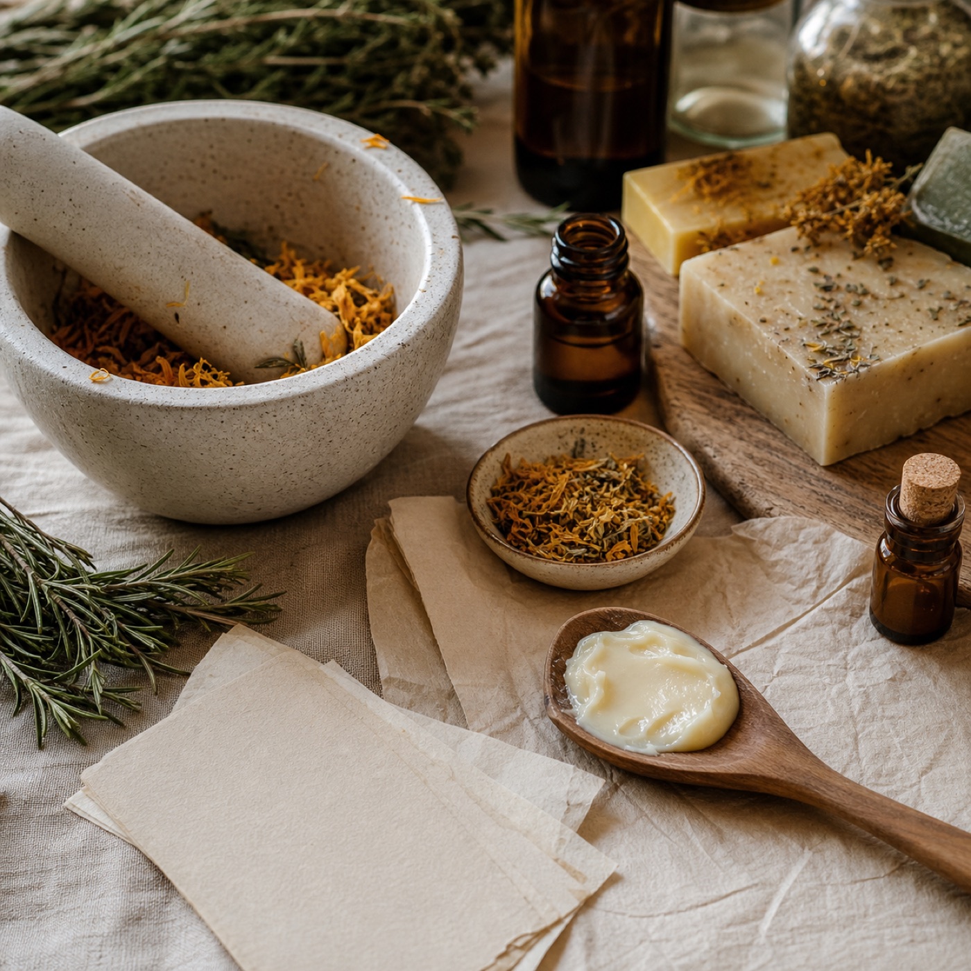 Ingredients naturals amb morter, calèndula, romaní, sabó artesà i crema sobre una taula de treball